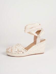 Sandalias con plataforma para mujer, color albaricoque, de malla transpirable con correas cruzadas y de tobillo, puntera redonda, tipo alpargatas para vacaciones - Albaricoque - Ver 8