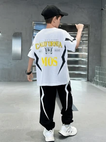 2 件套大童男童休闲闪电印花短袖 T 恤 + 长裤套装，夏季 - 白色 - 查看 4