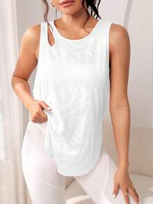 ملابس علوية رياضية نسائية بياقة طاقم، نمط هندسي جاكار، قطعة ملابس كاجوال للياقة البدنية، ملابس علوية اليوغا ذات حافة مقوسة مثقبة، ملابس تمرين تنفس للنساء باللون الأبيض - أبيض - مشاهدة 4