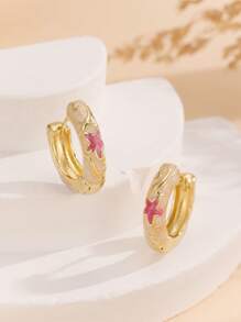 1 Đôi bông tai vòng kiểu dáng mới, mạ vàng đồng, họa tiết hoa và men, thích hợp cho phụ nữ và bé gái. - Hồng - Xem 3