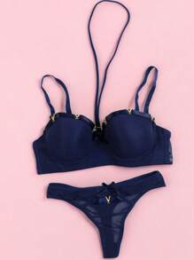 Beautiful Bra And Thong Set With Details In Mesh Fabric With Metal Appliqués, Sexy Lingerie, Various Colors, Comfortable And Of The Best Quality, Soft And Comfortable, To Show Off That Incredible Body. - 藍色 - 查看 1