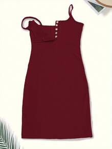 1pc Women's Spaghetti Strap Button Decor Low-Cut Bodycon Mini Dress, Sexy Undershirt For Homelife & Commuting, Rave - Red - View 6