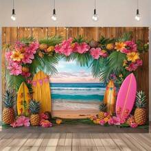 1 Piece Of Coastal Style Hawaiian Beach Background, Polyester Flamingo And Surfboard Wall Decoration, No Electricity Required, Perfect For Party Decorations And Photography Props