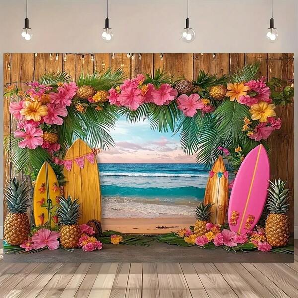 1 pedaço de fundo de praia havaiano estilo costeiro, decoração de parede de flamingo e prancha de surfe de poliéster, sem necessidade de eletricidade, perfeito para decoração de festas e acessórios fotográficos