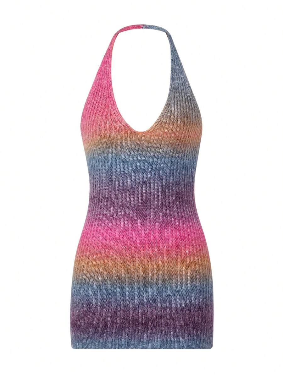 Womens Sexy Halter Knitted Skinny Dress Fashion Gradient Color Backless Short Dress - Morado - Ver 1