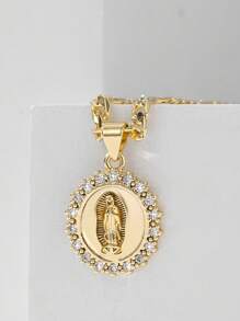1pc European Style Copper Inlaid Zirconia 14K Gold Virgin Mary Pendant Necklace, Suitable As Mother's/Valentine's Gift, Daily & Festival Wear