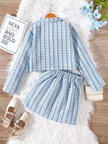 2 件套 Tween 女孩优雅服装，粗花呢外套和裙子套装，仿珍珠纽扣装饰，儿童春秋季服装 - 藍色 - 查看 2