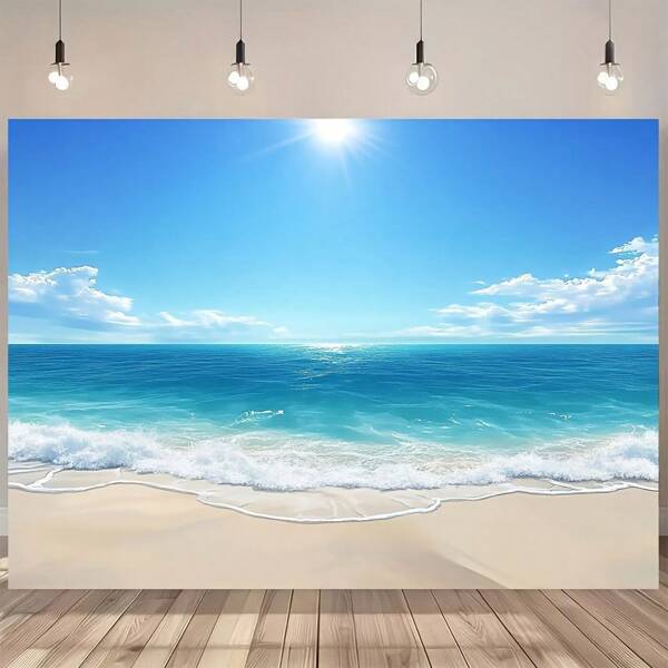 1 Fundo de céu de praia de fibra de poliéster estilo costeiro, decoração de parede com paisagem oceânica havaiana, sem penas, adequado para adereços fotográficos de feriados e festas, sem necessidade de energia, adequado para uso universal interno/externo