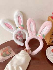 1 pieza Diadema de orejas de conejo y fresa linda de peluche para niños, accesorio para el cabello con aro para el cabello y el rostro, lindo para niñas
