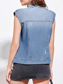 Women's Sleeveless Denim Vest With Pockets, Loose Fit, Casual, Personalized Street Style, All Seasons