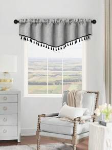 1pc V-Shaped Valance With Black Tassels, Japanese Minimalistic Style Faux Linen Voile Curtain Panel, Suitable For Living Room, Bedroom, Kitchen Windows And Doors, Room Divider