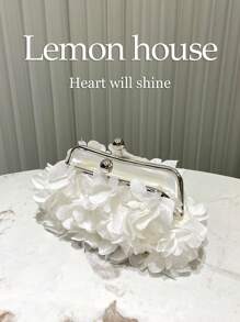 1 件白色女士优雅花卉花瓣形晚宴手拿包、婚礼新娘派对礼服手提包、白色浪漫花朵包、复古扣钱包