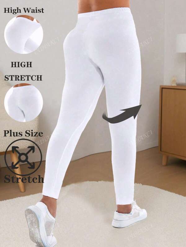 Plus Size Women White Leggings, Casual & Fashionable For Outdoor Sports, Fitness, Home, Yoga, Beach, Music Festival, Camping, Hiking, Cycling, 7/8 Length Pants