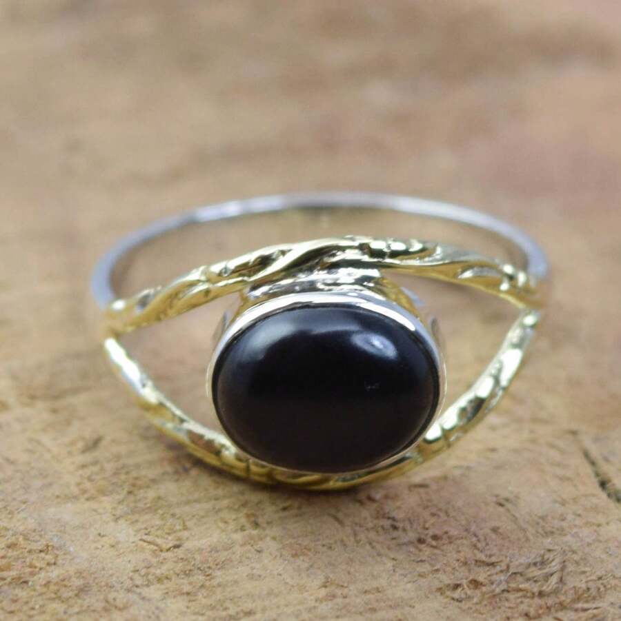 925 Sterling Silver And Brass Onyx Gemstone Jewelry Ring ~ December Month Birthstone ~ Natural Crystal Gemstone Ring ~ Gift For Valentine Day - Đá Onyx đen - Xem 1