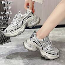 Women's Spring/Autumn New Casual Chunky Sneakers, Mesh Breathable Platform Wedge Heel Comfortable Lace-Up Lightweight Versatile Fashion Sneakers, White/Gray, Suitable For All Seasons - Grey - View 10