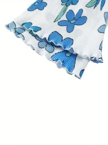 Women Casual 2 Pcs Clothes Set, Flower/Abstract Pattern Print Lapel Buttons Long Sleeve Shirts Tops With Loose Long Pants - Royal Blue - View 4