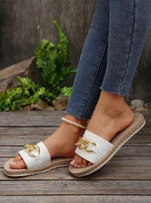 Sandalias de verano para mujer con suela de cuerda, cadena con hebilla de metal, estilo de vacaciones, cómodas con suela gruesa, estampado de playa, esencial para vacaciones - Blanco - Ver 3