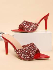 女士性感水钻高跟凉鞋，尖头超高跟凉鞋 2025 年新款，Bling Bling 酒红色舒适凉鞋 - 酒紅色 - 查看 5