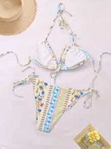 两件套印花性感比基尼套装，休闲时尚泳装，适合日常穿着，可拆卸胸垫，女士夏季度假装，夏季套装，节日装，半身裙，伊比沙岛套装，女士泳衣，比基尼套装，女士泳装，女士沙滩装，度假套装，沙滩裙，女士比基尼套装，泳装 - 白色 - 查看 2