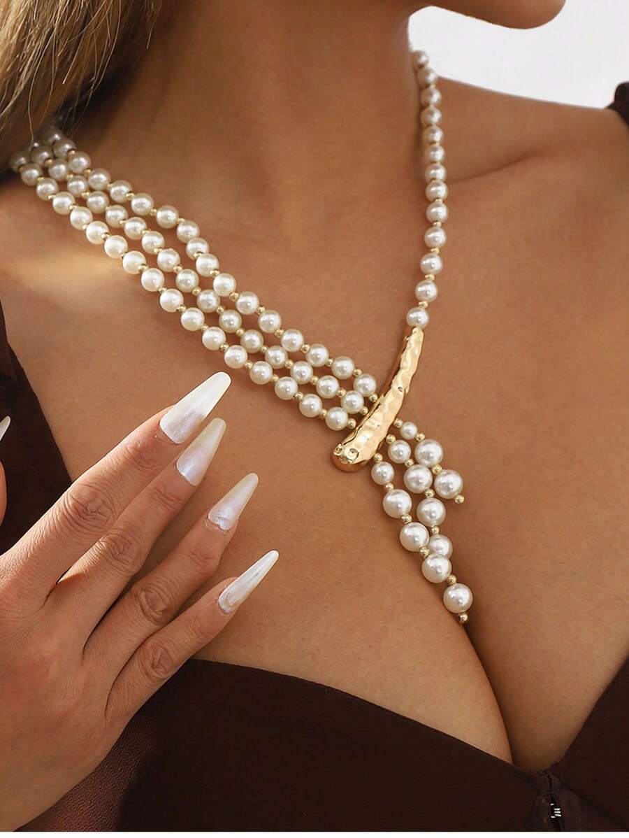 1pc Handmade Faux Pearl Beaded Women High-End Wedding Jewelry Necklace, Fashionable Style - Multicolor - View 1