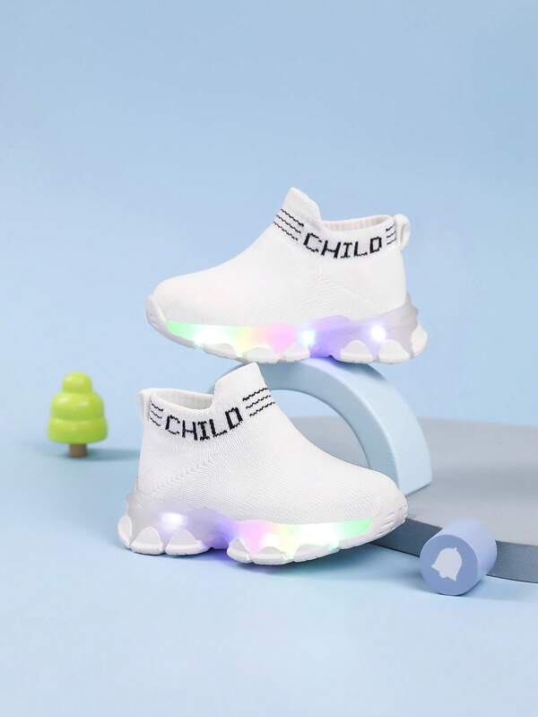 Infant Classic Breathable Fabric Upper, English Text Striped Slip-On Daily Running Shoes, All Season