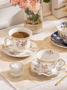 1pc French-Style Coffee Cup And Saucer Set, Ceramic Cup With Gold Trim, Vintage Ditsy Floral Pattern, Ideal For Afternoon Tea, Mug, Gift Back To School