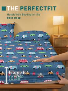 1pc Minimalist Modern City Vehicle Graphic Printed Ruched Fitted Sheet, Bedroom Printed Bed Cover, Beddings (Excluding Pillowcase) - Multicolor - View 4