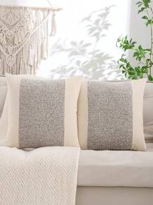 Miater 1pc Striped Velvet Patchwork Decorative Pillow Cover, Faux Linen Style - Grey - View 20