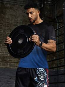 1pc Men's Gradient Color Active Short Sleeve T-Shirt, Stretchy Breathable Running Training Workout Top - Blue - View 3