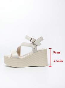 女士纯色厚底系带舒适露趾坡跟凉鞋，适合休闲装或派对装 - 米色 - 查看 10