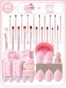 44 Pieces Of Makeup Brush Set, Including 20 Pieces Of Makeup Brushes +5 Pieces Of Makeup Sponge, 5 Pieces Of Mini Makeup Sponge, 5 Pieces Of Triangle Powder Puff, 5 Pieces Of Mini Finger Powder Puff, 1 Hair Band, 2 Wrist Straps, 1 Cleaning Tool