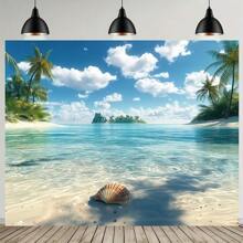 1 Piece Tropical Beach Background, Ocean Coconut Tree Design, 100% Polyester - Perfect For Indoor/Outdoor Decoration, Events, Gardens And Family Celebrations