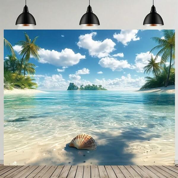 1 Piece Tropical Beach Background, Ocean Coconut Tree Design, 100% Polyester - Perfect For Indoor/Outdoor Decoration, Events, Gardens And Family Celebrations