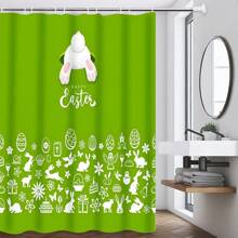 1/4pcs Colorful Rabbit, Egg, Happy Letter, Floral Print On Green Background, Easter Elements Waterproof Shower Curtain Set With 12 Hooks, Waterproof Polyester Fabric, Machine Washable, Rustproof Grommets Top, Unlined Woven Shower Curtain, Suitable For Bathroom Decor, Home Decor Bathroom Accessories