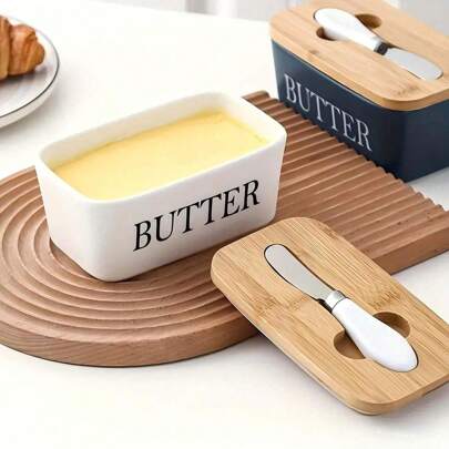 1 件，多功能黄油盒，陶瓷黄油盒，带竹盖，密封黄油盒，厨房整理表面和冰箱储存密封罐，密封黄油储存盒，家庭烘焙工具