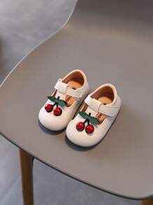 1 Pair Girls Fashion Bow & Cherry Decor PU Soft Comfortable Loose Lightweight Round Toe Flat Shoes, Non-Slip Cute Kids Infant Shoes For Spring, Summer, Autumn, Winter