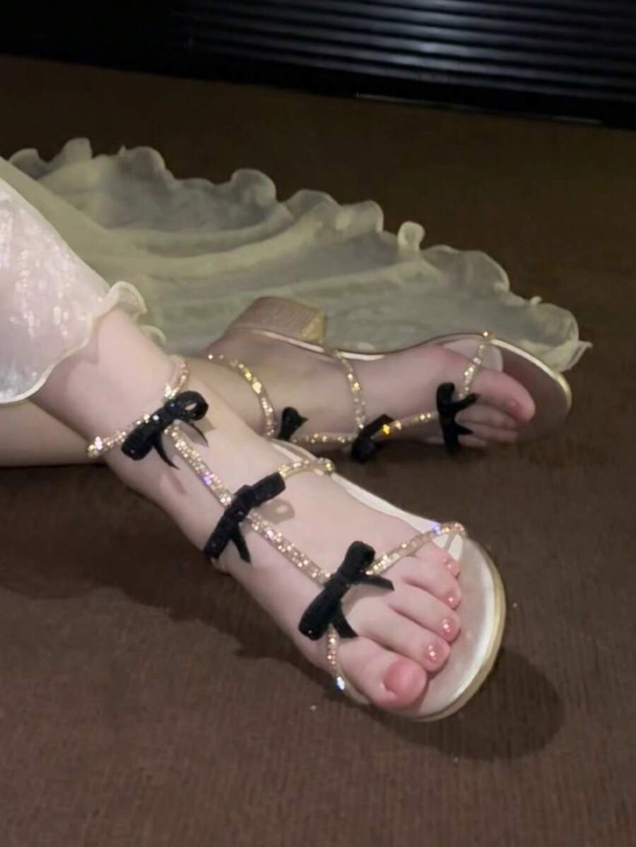 Women's Rhinestone Embellished Sandals, New 2025 Summer Style Suitable With Dress, Strappy Open Toe Thick Heels - Gold - View 1