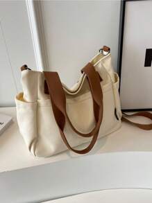 1pc,Large Capacity Canvas Tote Bag, Multi Pockets Shoulder Bag, Reusable Shopping Bag, Easy To Carry With Comfort Handle, For Daily Use And Gifts Portable Handbag For School Work Travel Shopping - Multicolor - View 15