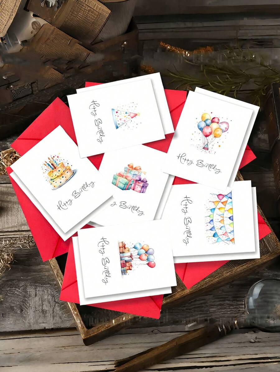 2pcs/12pcs Colorful Birthday Cake Design Greeting Cards With Envelopes - Six Bright Colourful Fun Birthday Cards - Perfect For Birthdays, Thank-You Cards & Special Occasions