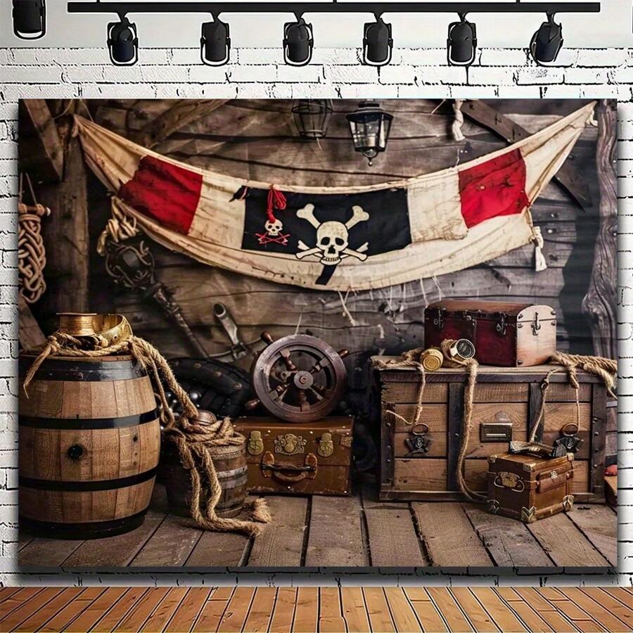 Pirate Party Backdrop - Nautical Map & Ship Deck Design, Multipurpose Polyester Fabric Banner For Home Decor And Events (Available In 3 Sizes: 39x59 Inches, 70.8x90.5 Inches, 94.5x118.1 Inches)