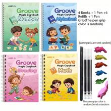 4 Books + 1 Pen + 6 Refills + 1 Pen Grip (Pen Grip Color: Blue, Pink, Red, Yellow, Green, Purple - Random Color) 1 Set Of Reusable Handwriting Practice Workbooks For Children, To Improve Children's Writing Skills Through Comfortable Tracing, Common Words, Grooves, And Magic Practice Educational Games, Learning To Write, Educational, Books, Toys, Adhd,Kids Books,Kids Toys,Educational Toys