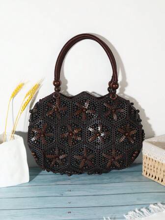 Casual Ins Handmade Woven Coconut Shell Handbag, Vintage French Style Beaded Large Shoulder Bag For Women