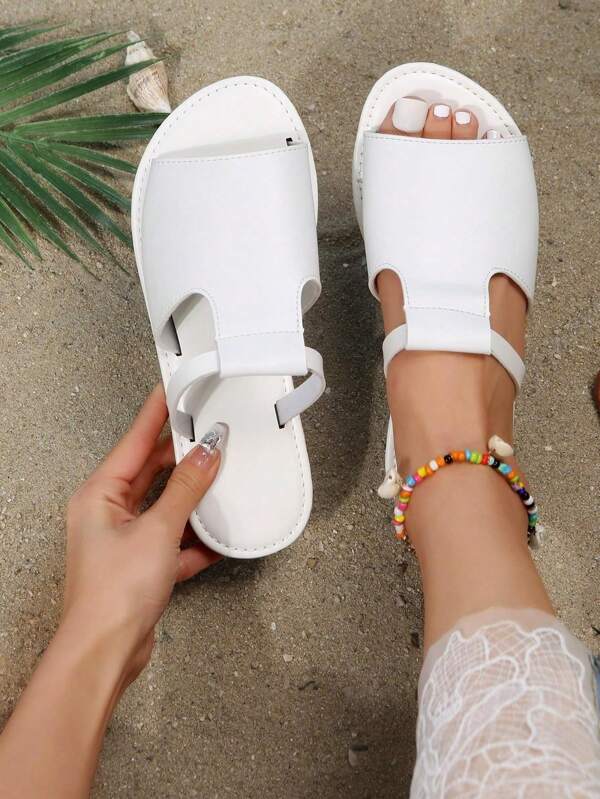 Damen Flache offene Riemen Slide Sandalen, neue Sommer einfarbige Peep-Zehen Strandpantoletten