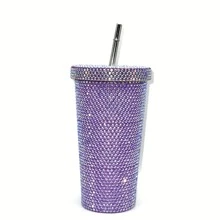 1 件闪亮水钻不锈钢保温水杯 - 带盖防漏便携式旅行杯，平底吸管水杯，适合户外运动和健身、家庭厨房办公室水杯， - 彩色 - 查看 10