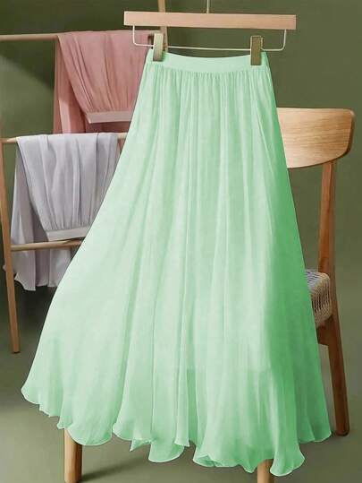 Women's Elastic Waist Solid Color Mid-Length Chiffon A-Line Skirt, With Lining, Elegant Fitted Slimming Style, Suitable For Spring/Summer Daily Casual, Commuting, Vacation Wear