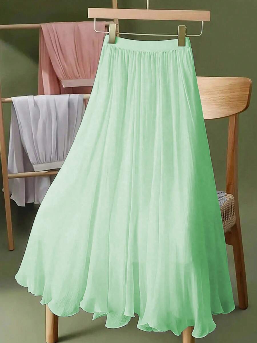 女士松紧腰纯色中长雪纺 A 字裙，带衬里，优雅修身款式，适合春夏日常休闲、通勤、度假穿着