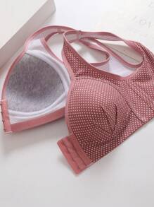 3pcs Polka Dot Decor Wire-Free Breathable Front Closure Sports Bra