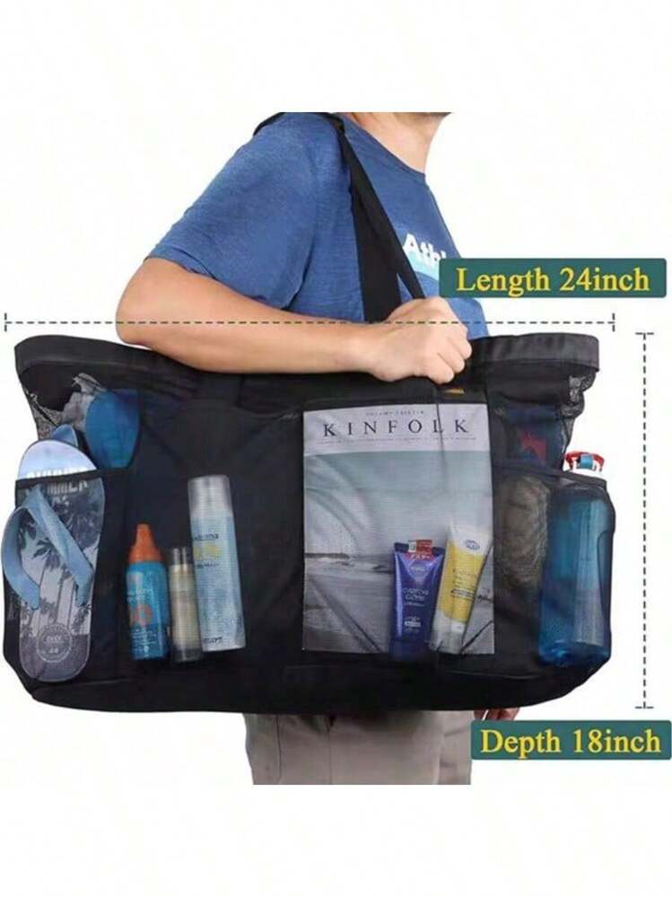 1个超大号网眼沙滩包，透气网眼手提袋，带拉链和侧袋，便携式多口袋大容量玩具收纳袋，可折叠户外野餐包，礼品袋 - 黑色 - 查看 4