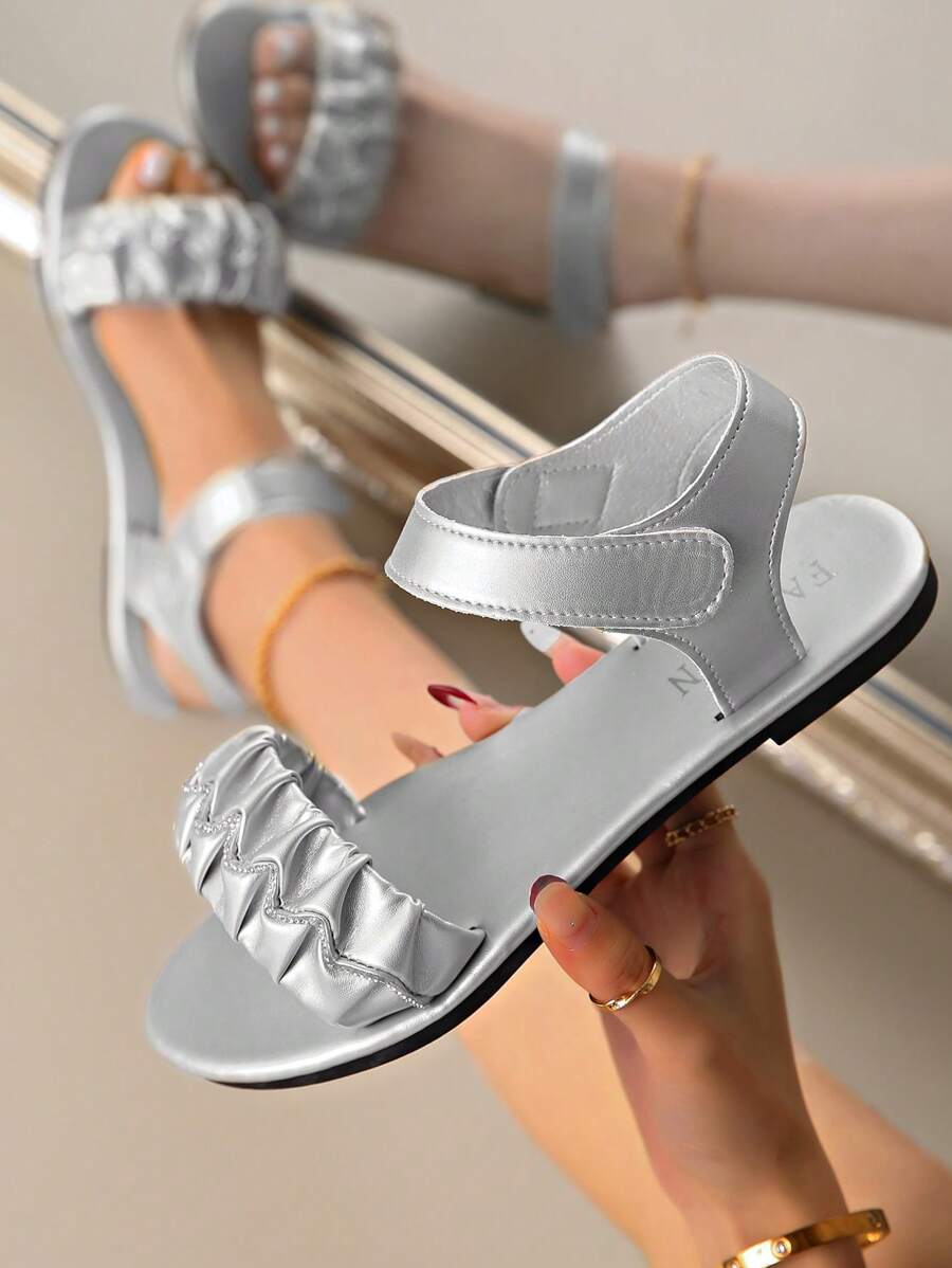 Women's Square Toe Elastic Rhinestone Embellished Flat Soft Bottom Slip-On Sandals, Versatile Summer Slippers, Non-Slip - Silver - View 1