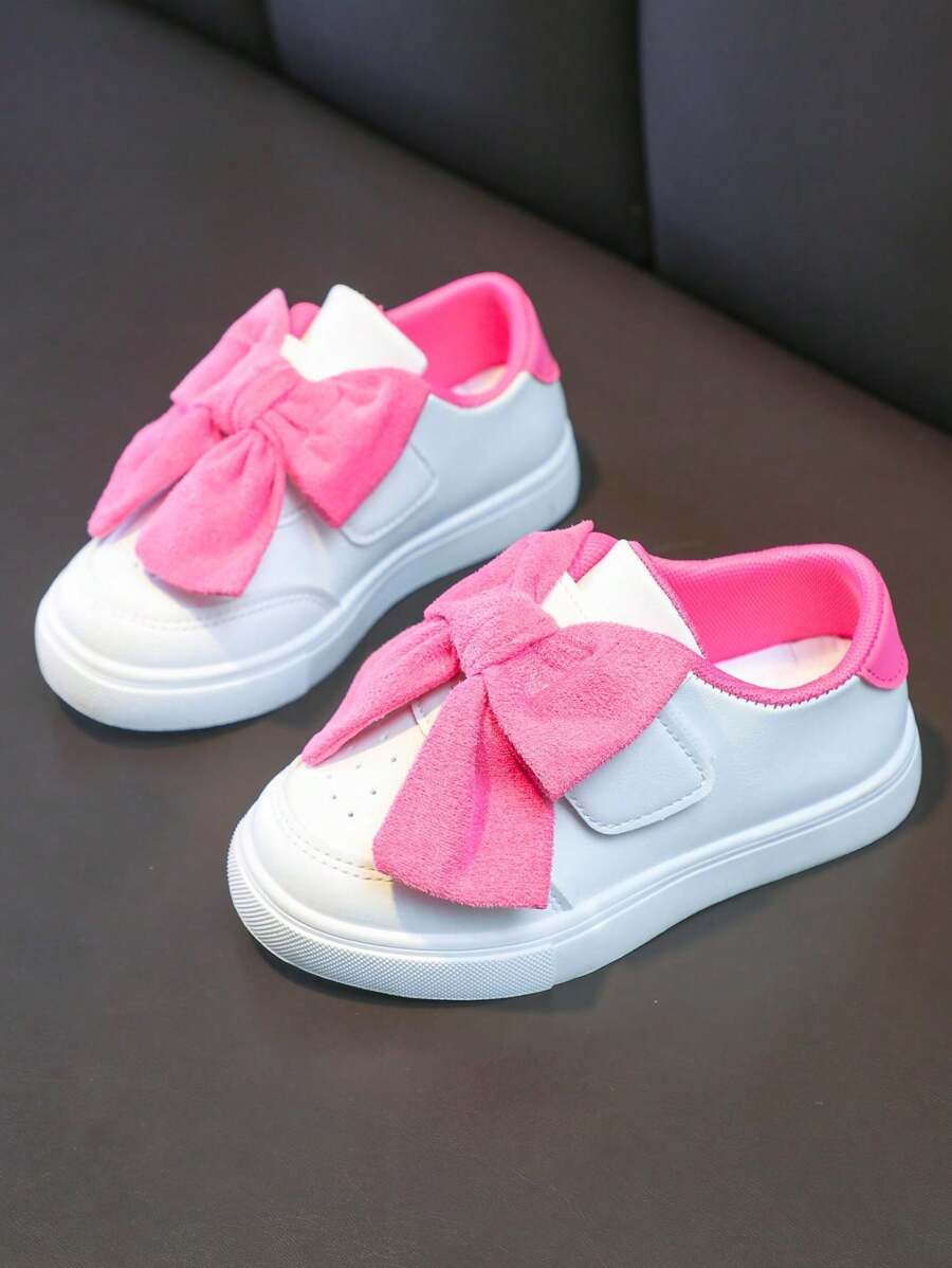 1 Pair Girls' Bowknot Decor Casual Fashion Leather Sneakers, Suitable For All Seasons